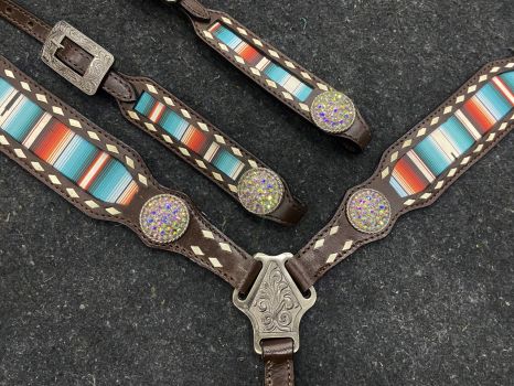 Showman Serape Southwest Print One Ear Headstall and Breastcollar Set with bling conchos #3